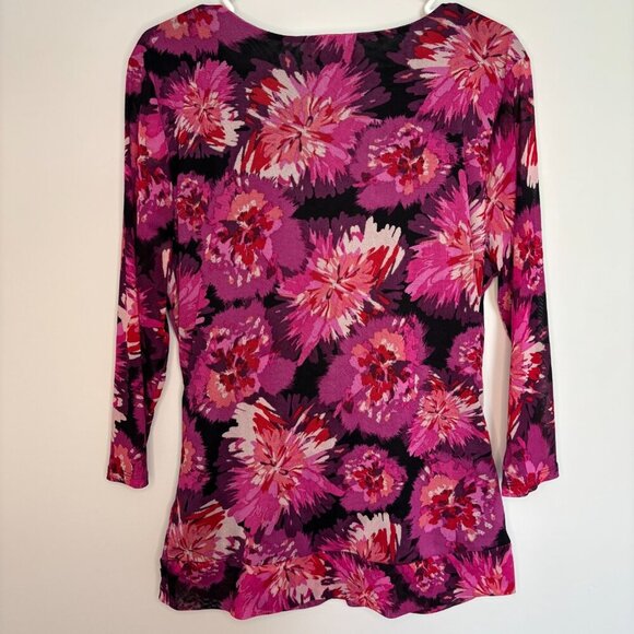 ELLE V-Neck Faux Wrap Blouse Womens XL Purple Floral 3/4 Slv Stretch Lined Mesh - Picture 3 of 8